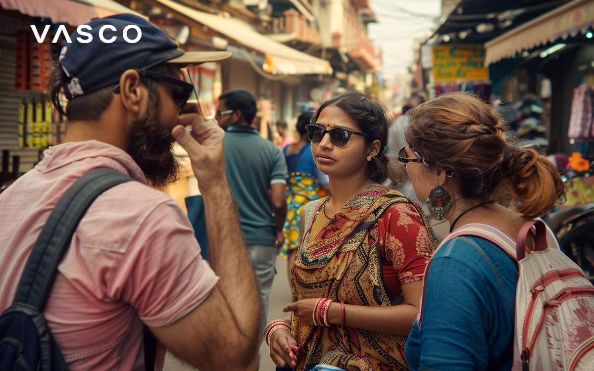 Travelers interacting with locals in a vibrant outdoor market