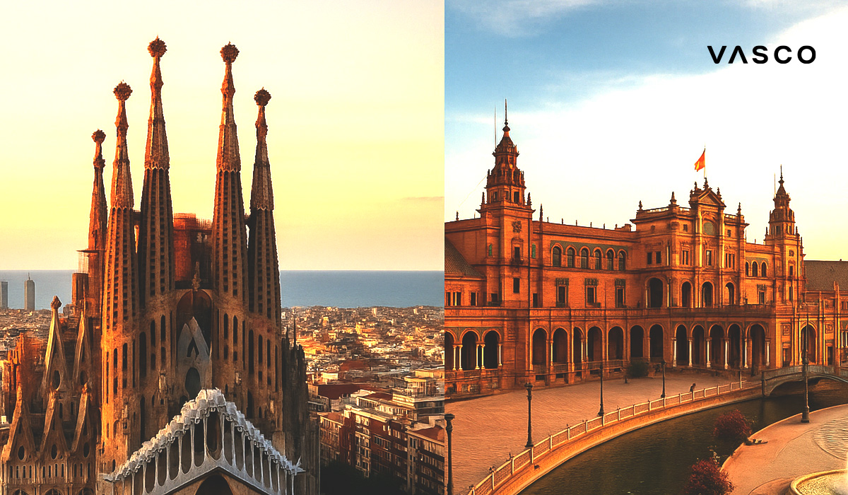 blog-01-uniwersal-catalan Rozdelený obrázok zobrazujúci barcelonskú Sagrada Família vľavo a sevillské Plaza de España vpravo, zvýrazňujúci architektonické kontrasty medzi Katalánskom a Andalúziou.