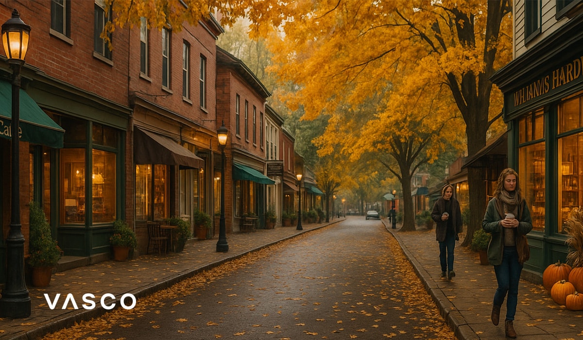 small cozy town street lined with shops and golden autumn trees