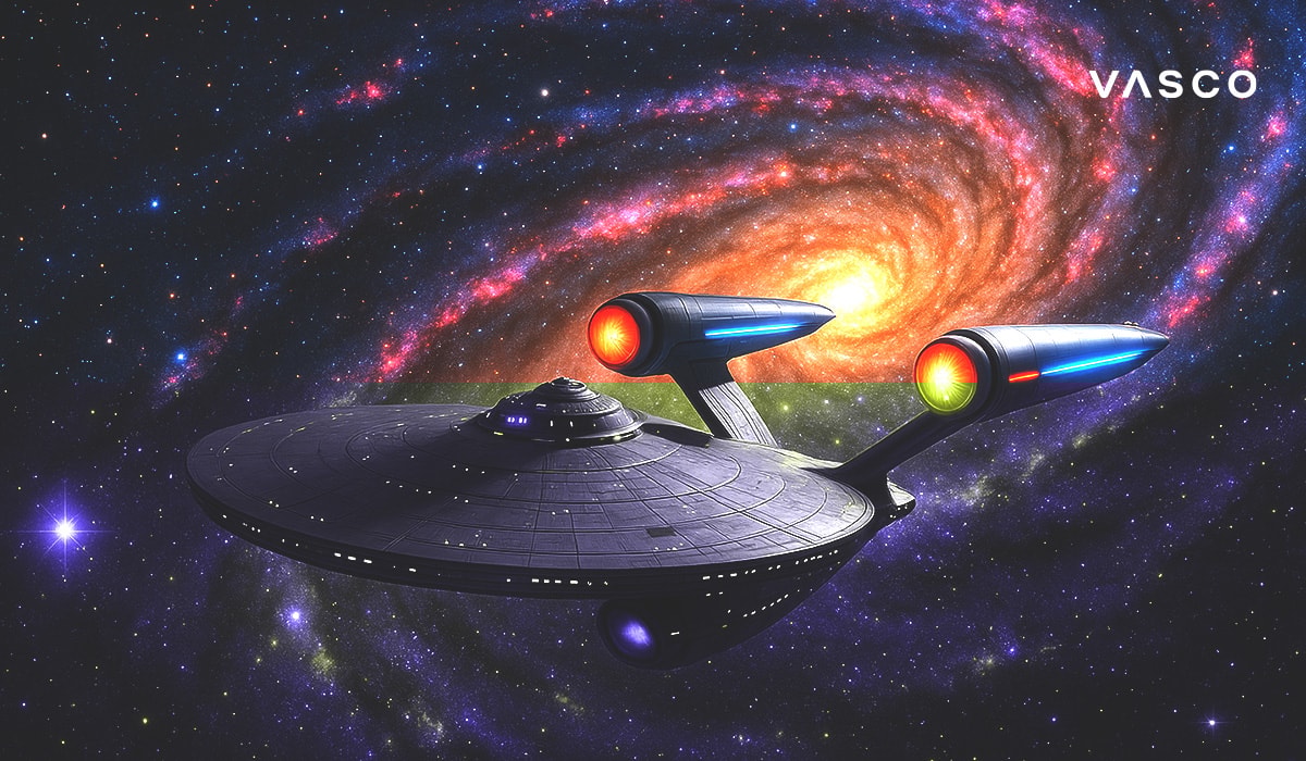 Vesmírna loď proti žiariacej galaxii