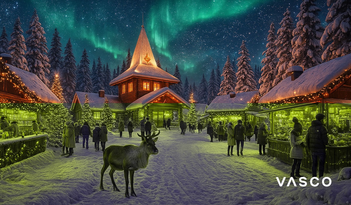 Fínsky vianočný trh s drevenými chatkami, sobmi a polárnou žiarou