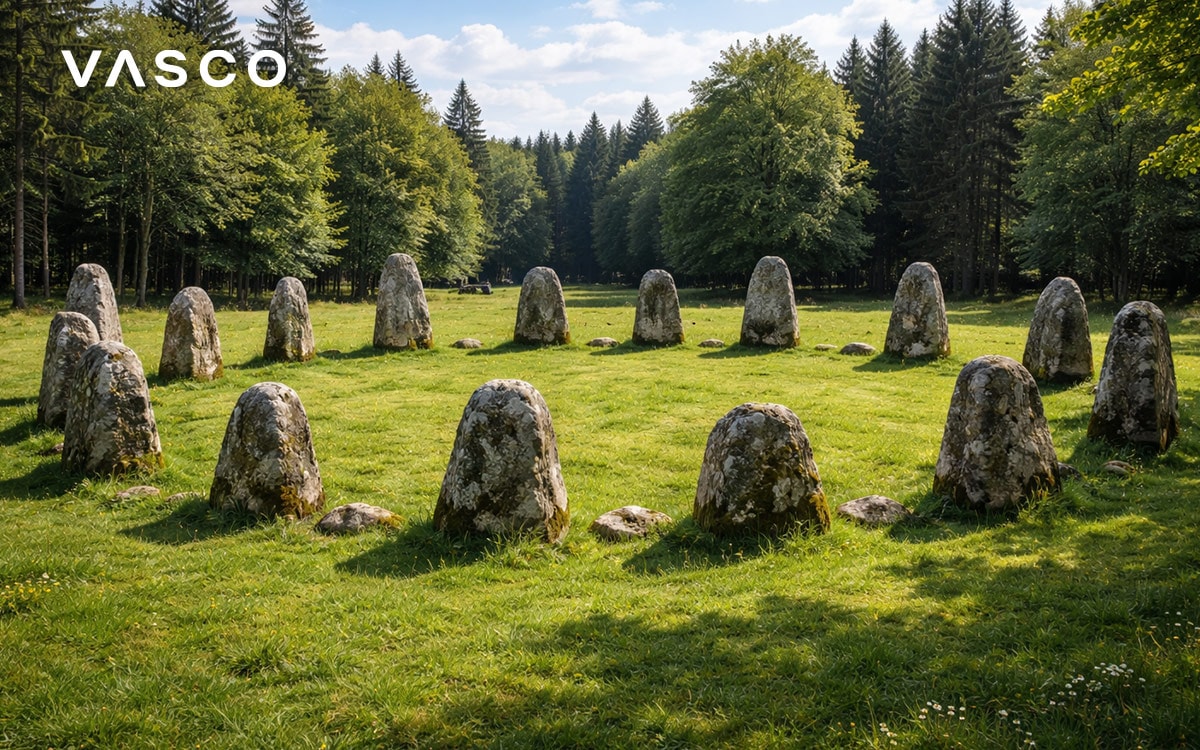 2c3e4a23-822c-475e-bb34-dc6da32fb8e7 Staroveký keltský kamenný kruh na čistinke zeleného lesa