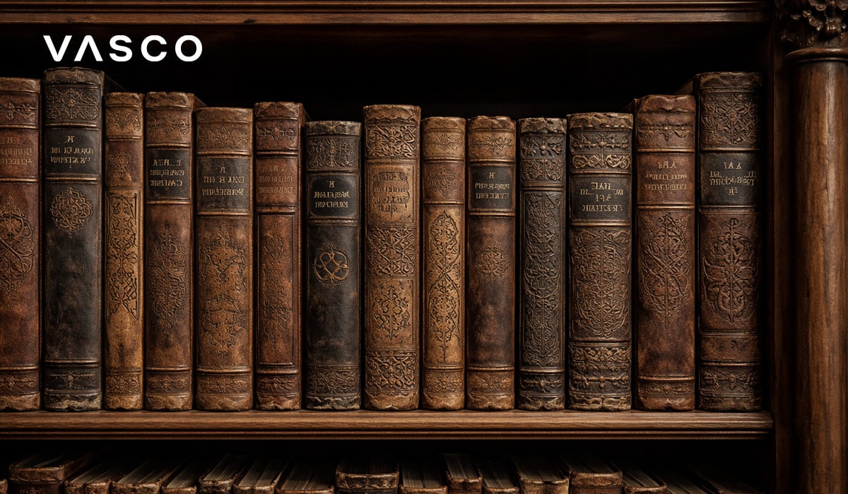 Staré knihy viazané v koži s keltskými vzormi na poličke