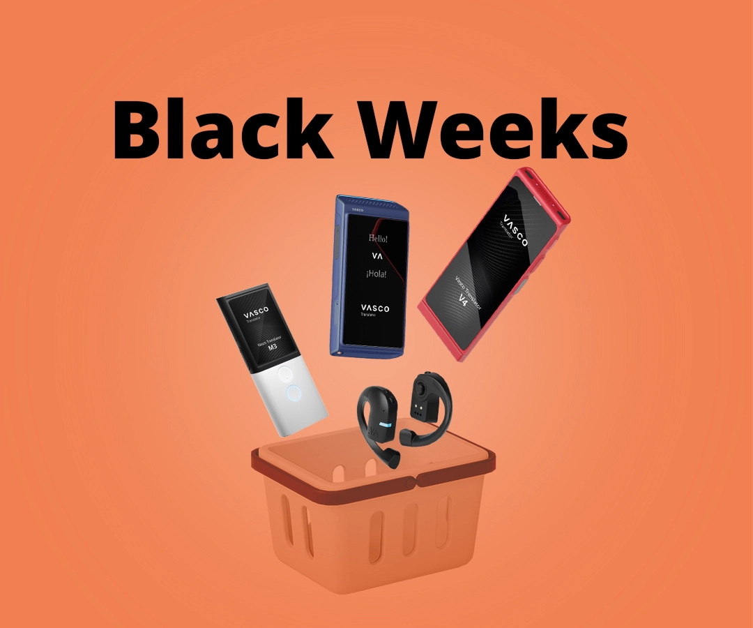 Prekladače Vasco V4, Q1, M3 a E1 padajúce do nákupného košíka na oranžovom pozadí. V pozadí je nápis „Black Week“ (Čierny týždeň).