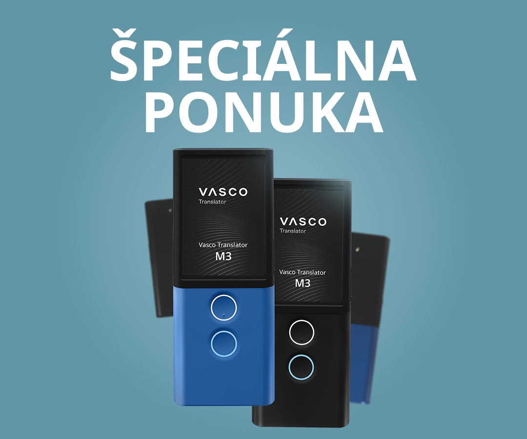 Propagačný obrázok zariadení Vasco Translator M3 v modrej a čiernej farbe na modrom pozadí s nápisom „FINAL SALE“ (KONEČNÝ VÝPREDAJ).