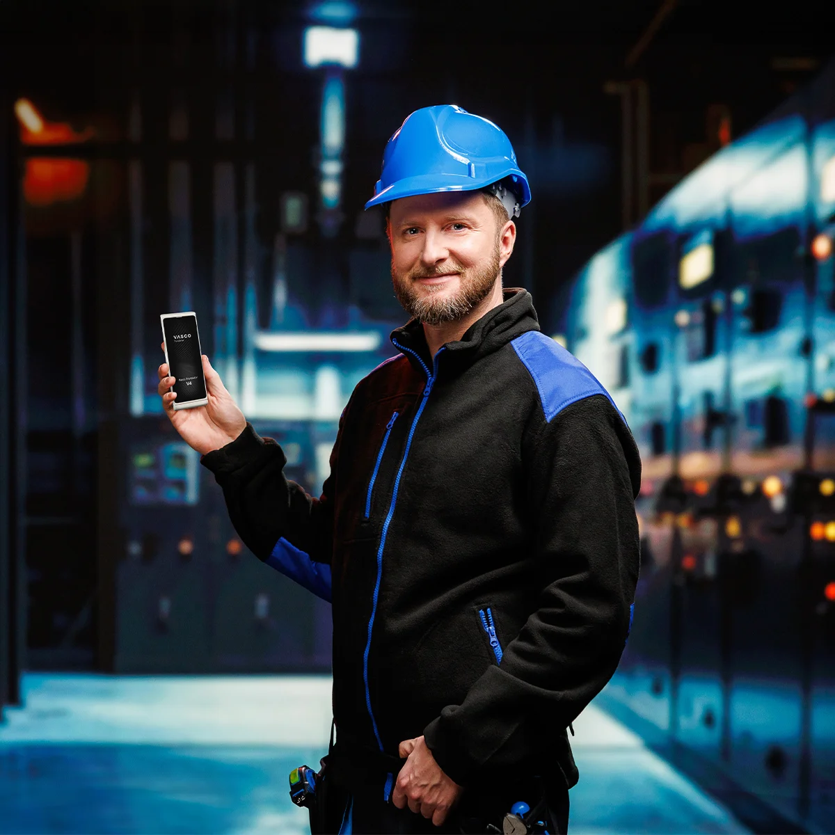 Usmievavý muž v pracovnom oblečení s modrou prilbou, držiaci Vasco Translator V4, s rôznymi strojmi viditeľnými v pozadí.