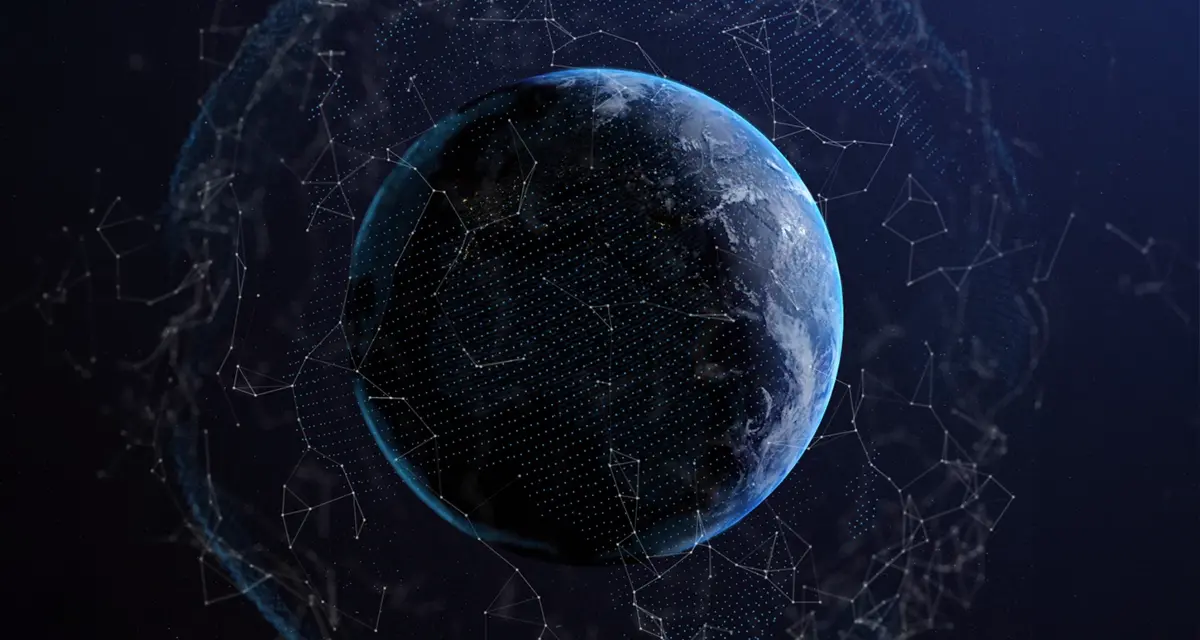 Glóbus so sieťovými prepojeniami, symbolizujúci bezplatný internet takmer v 200 krajinách.