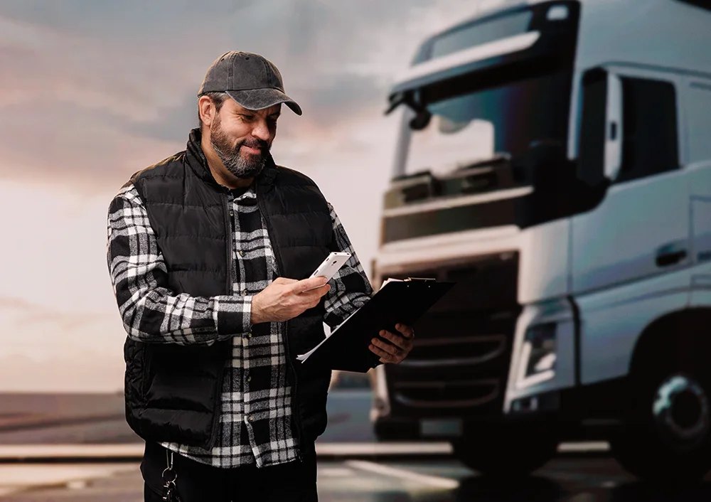 Muž v pracovnom oblečení s modrou prilbou sa usmieva a drží Vasco Translator V4, pričom za ním sú viditeľné rôzne stroje.