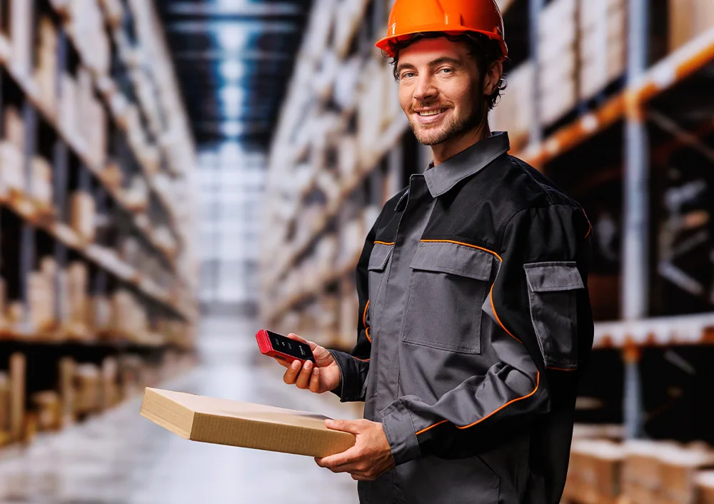 Skladník v pracovnom oblečení a s prilbou drží v jednej ruke Vasco Translator Q1 a v druhej balík, pričom ukazuje dokumenty alebo štítky na balíku.